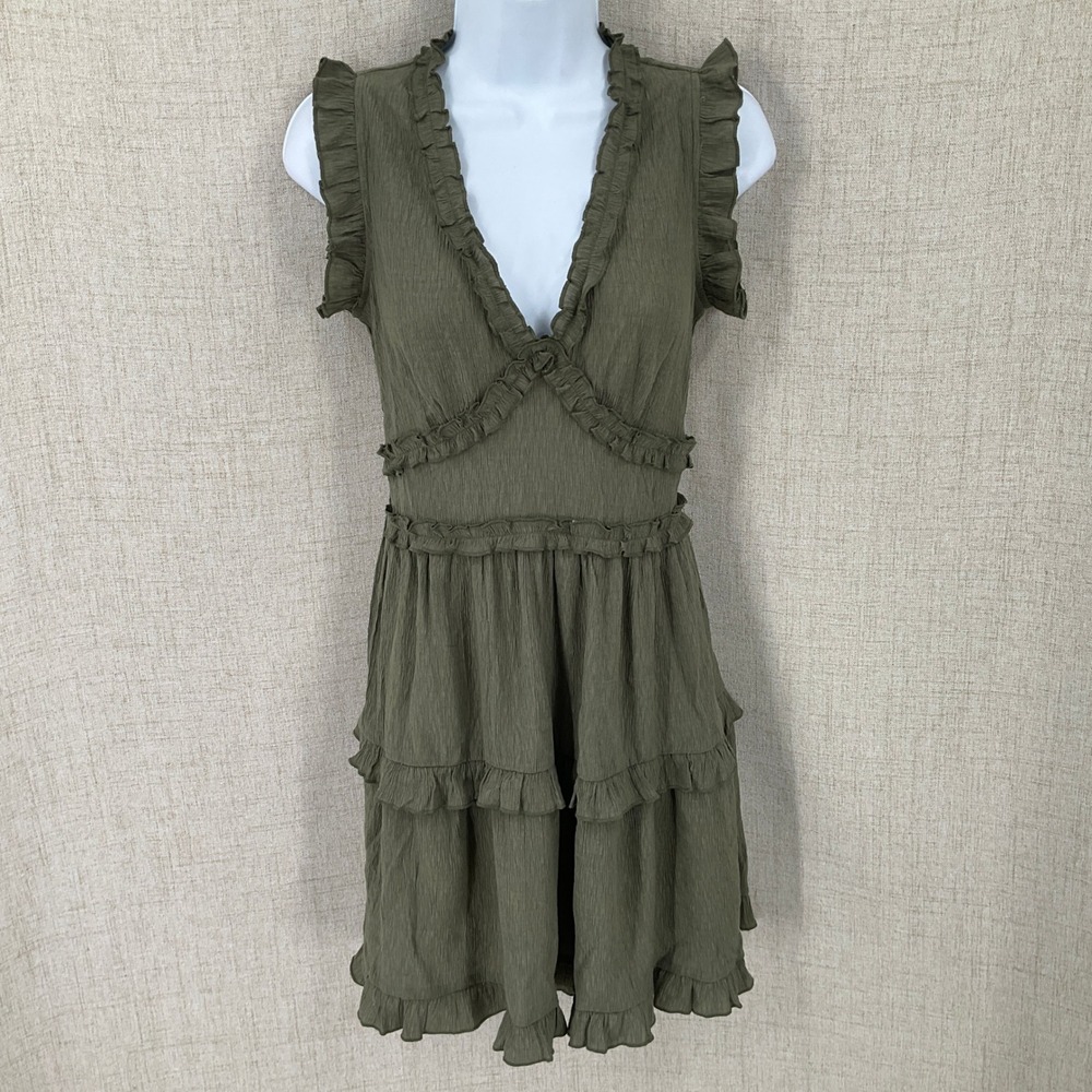 Pinch Mini Dress Womens S Green Ruffle Tiered V-Neck Smocked Boho Festival